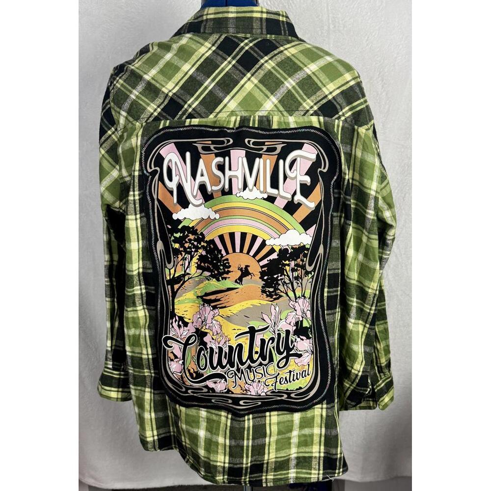 flannel jacket nashville country music festival plaid shirt green western boho - Picture 1 of 4